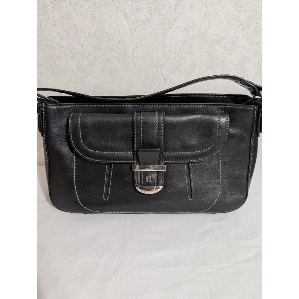 Etienne Aigner Classic Black Leather Silver Shoulder Handbag Purse 10 Inch Drop
